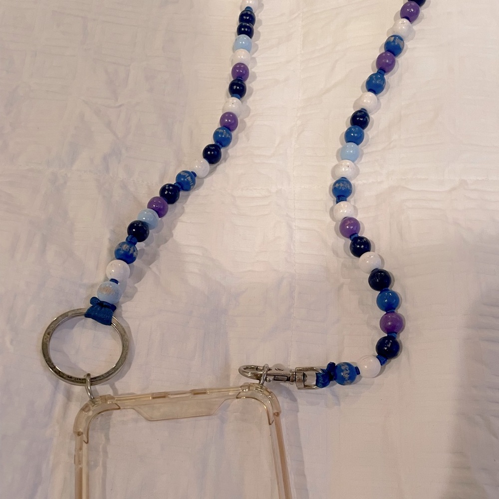 Cell phone necklace- wooden beads blues and purples
